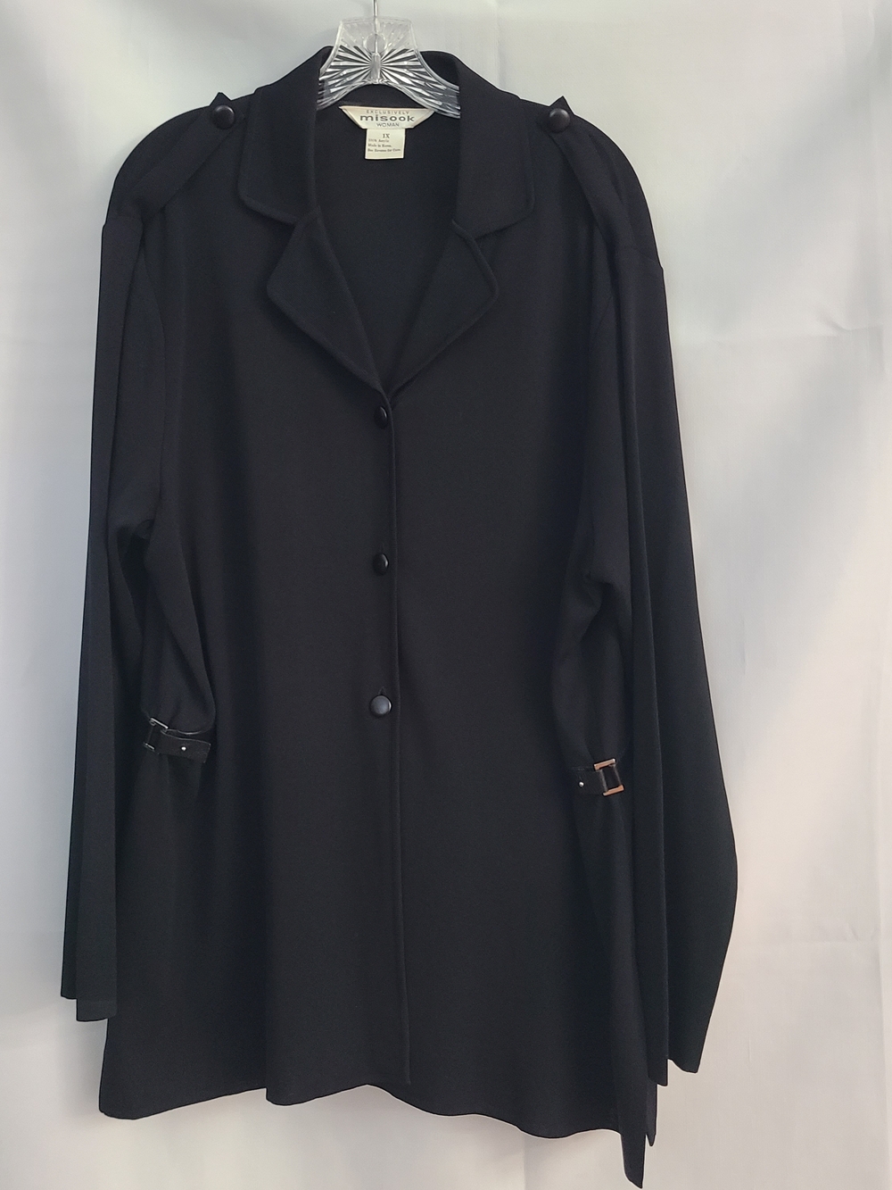 Misook Sz 1X Black Side Detail Buckle Shoulder Button Accent Neutral Cardigan